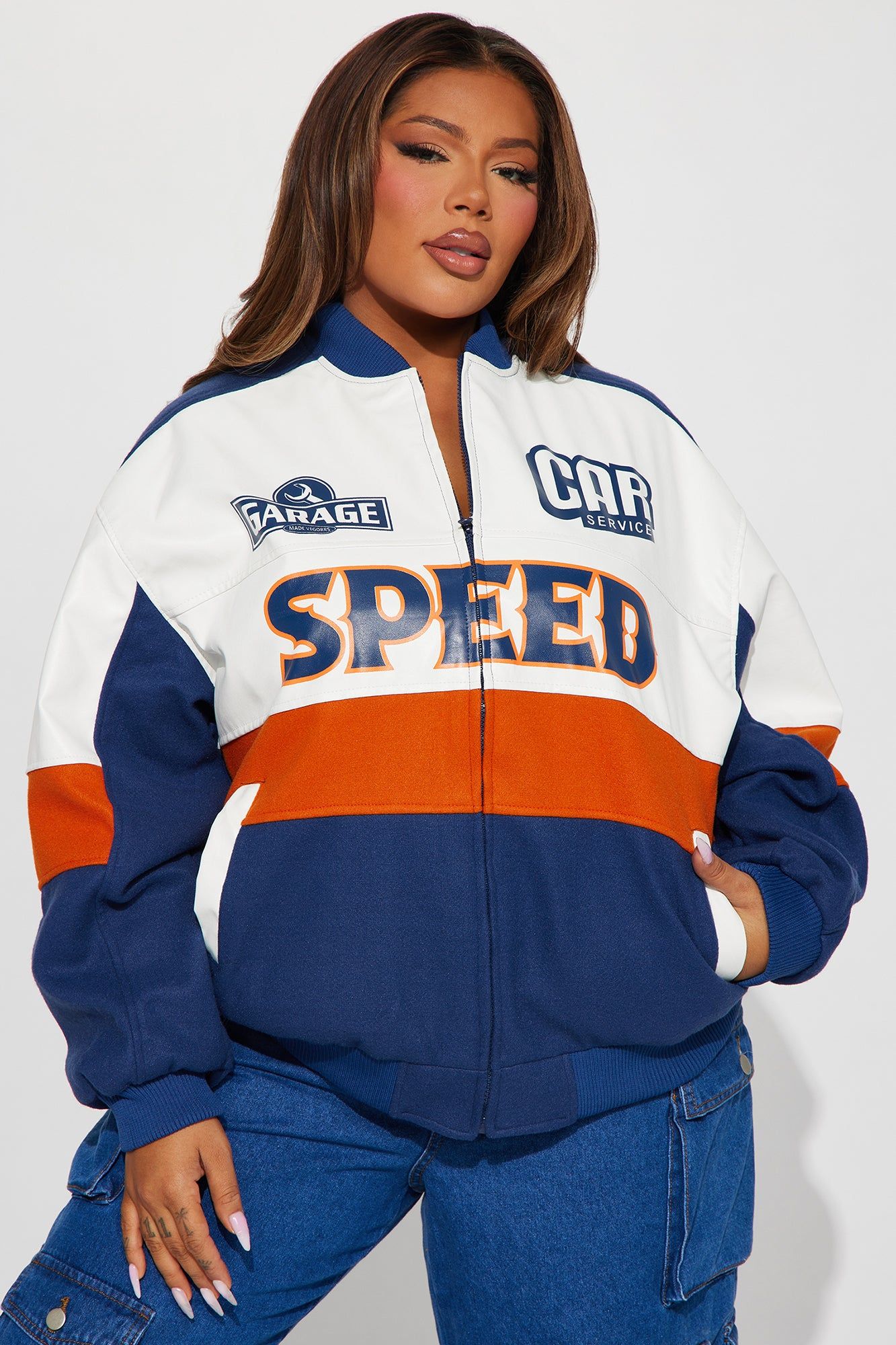 Over The Speed Limit Oversize Bomber Jacket - Navy/combo sold by Fashion Nova product image thumbnail 5