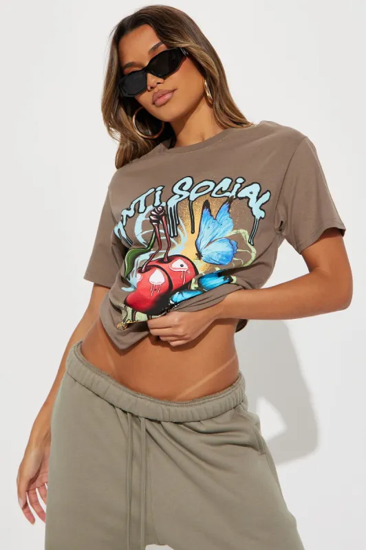 Unsocial Butterfly Graphic Tee - Taupe sold by Fashion Nova