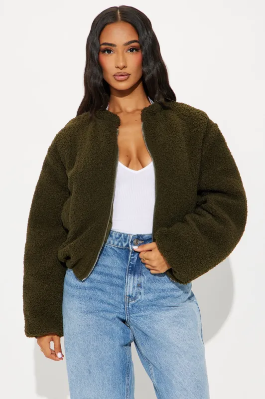 Off Duty Sherpa Bomber Jacket - Olive sold by Fashion Nova