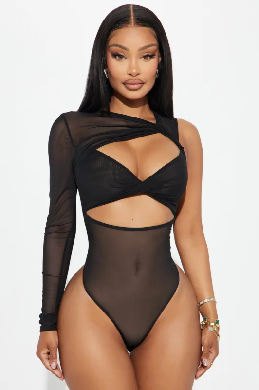 Myra One Shoulder Mesh Bodysuit - Black sold by Fashion Nova