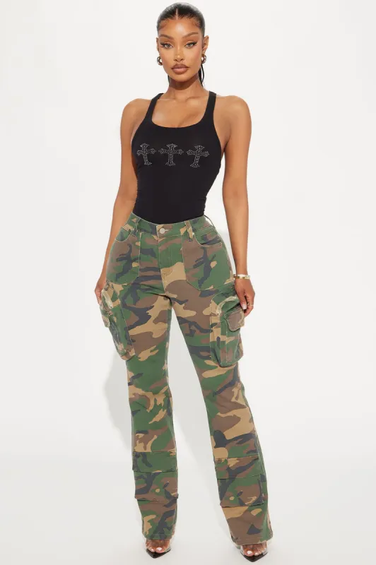 Staying True Bootcut Camo Pant - Olive/combo sold by Fashion Nova