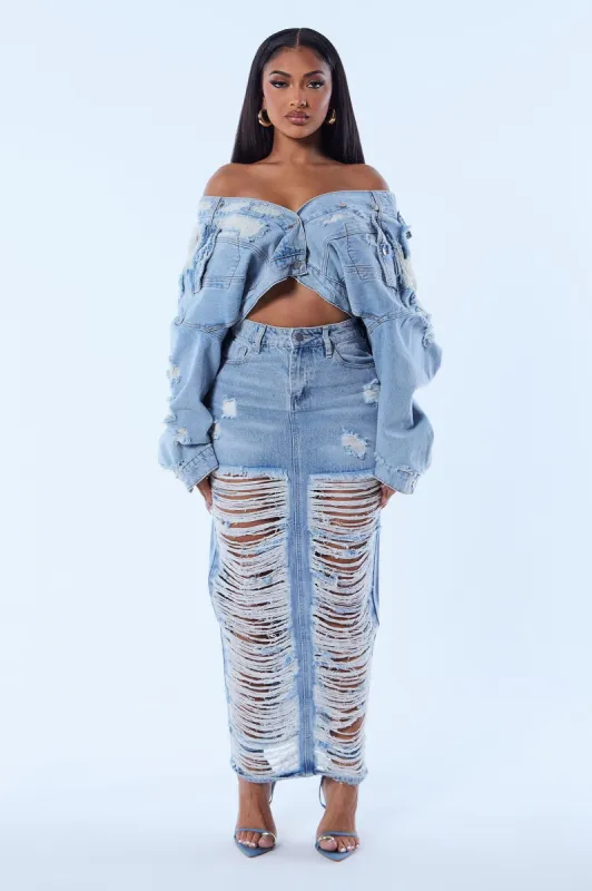 Torn Up In Feelings Maxi Skirt - Light Wash sold by Fashion Nova