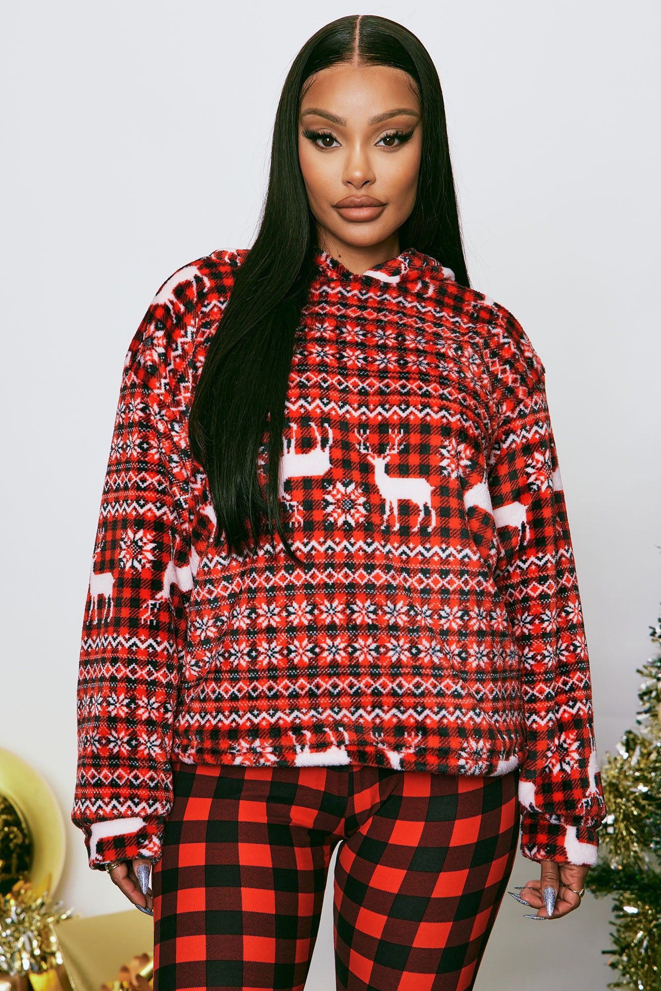 Santa Tell Me 2 Piece Plush Hoodie PJ Set - Red/White sold by Fashion Nova product image thumbnail 2