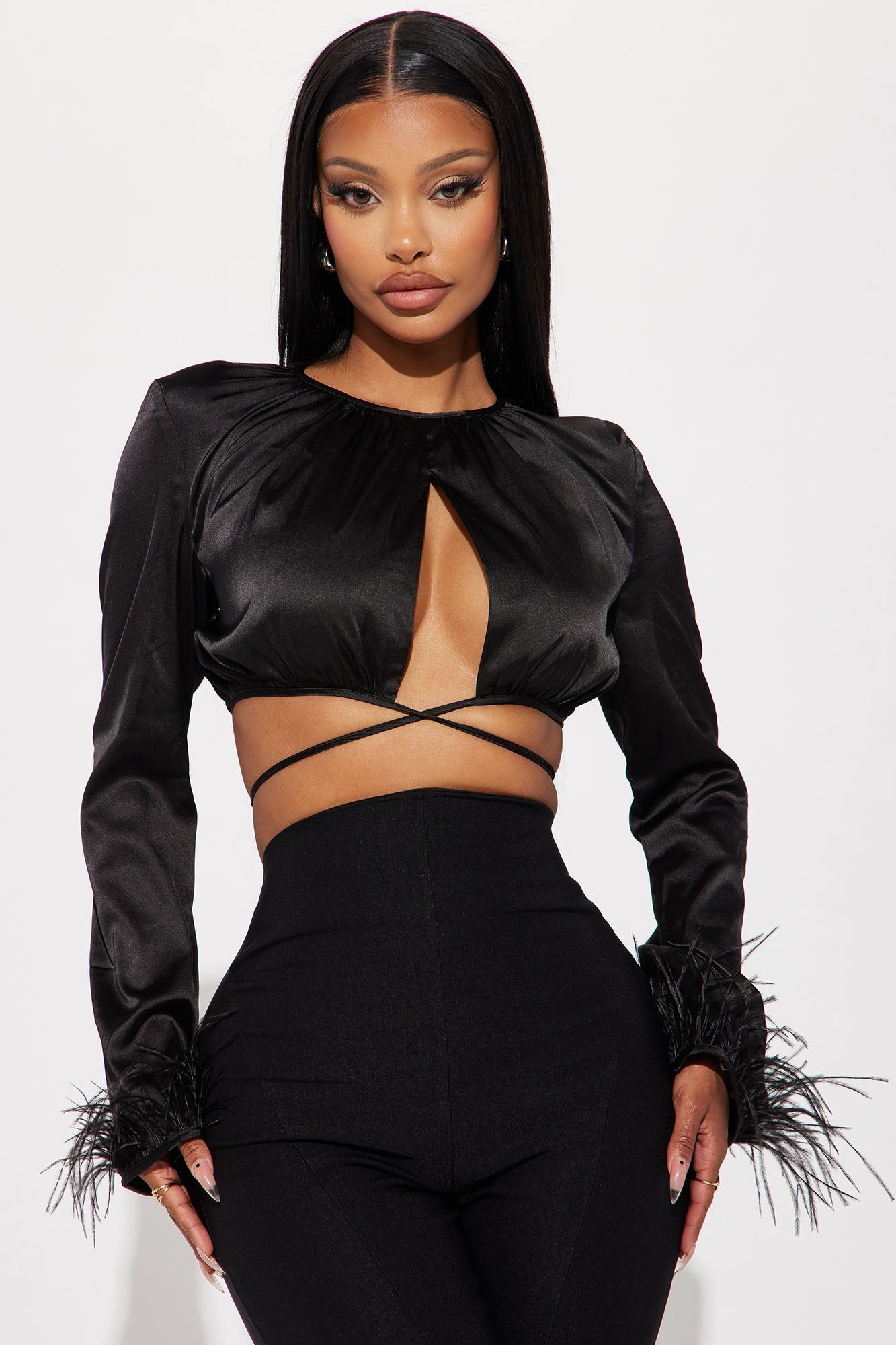 Here To Stay Satin Blouse Top - Black sold by Fashion Nova
