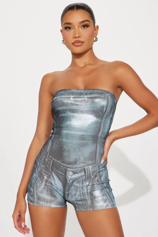 Nobody But Me Metallic Romper - Silver sold by Fashion Nova