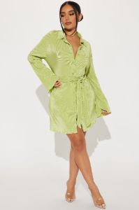 On The Clock Plisse Mini Dress - Chartreuse sold by Fashion Nova