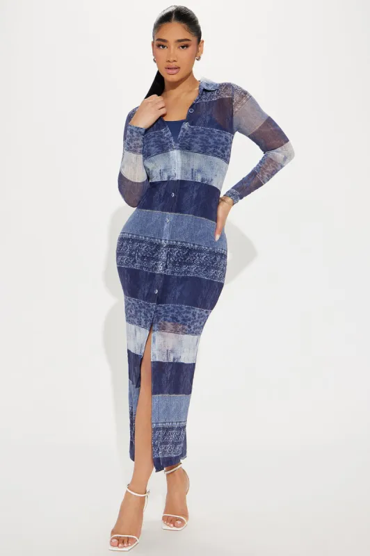 Alia Denim Mesh Maxi Dress - Blue sold by Fashion Nova