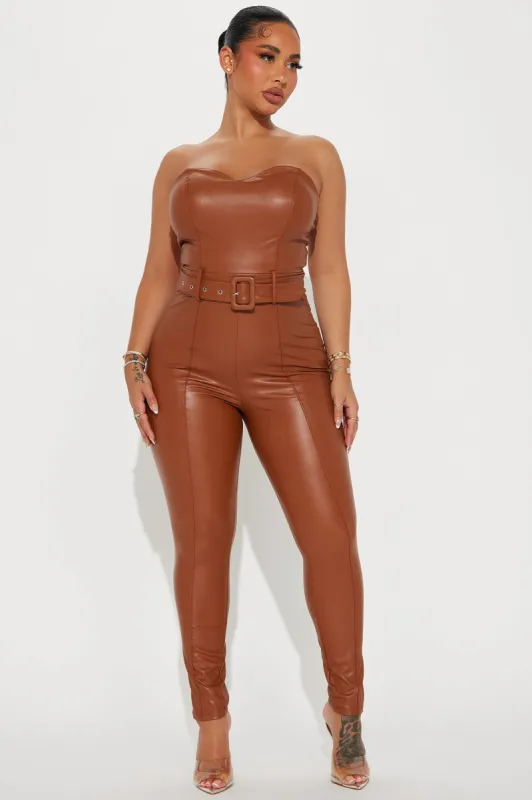 Find Time Faux Leather Jumpsuit - Camel sold by Fashion Nova