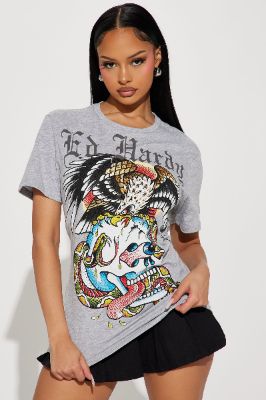 Ed Hardy Eagles Rhinestone Tee - Heather Grey sold by Fashion Nova