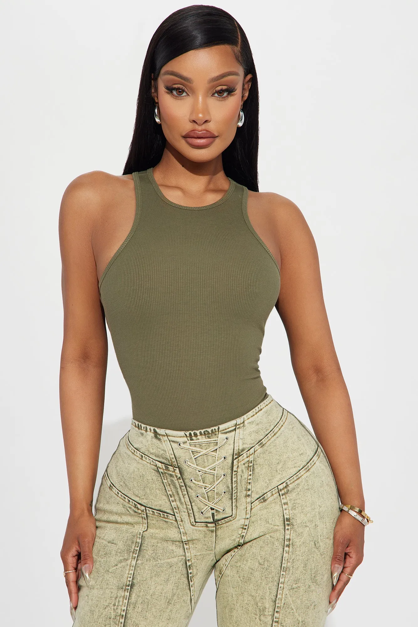 Model Attitude Racerback Bodysuit - Olive sold by Fashion Nova product image thumbnail 3