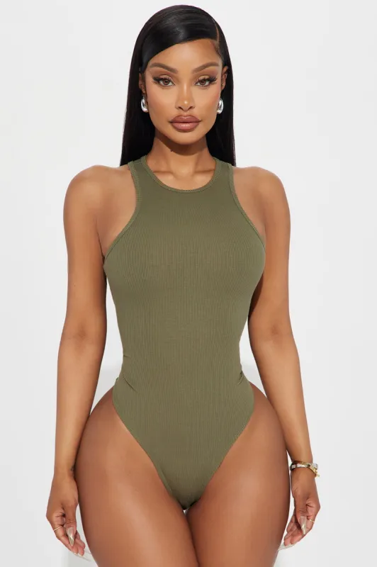 Model Attitude Racerback Bodysuit - Olive sold by Fashion Nova
