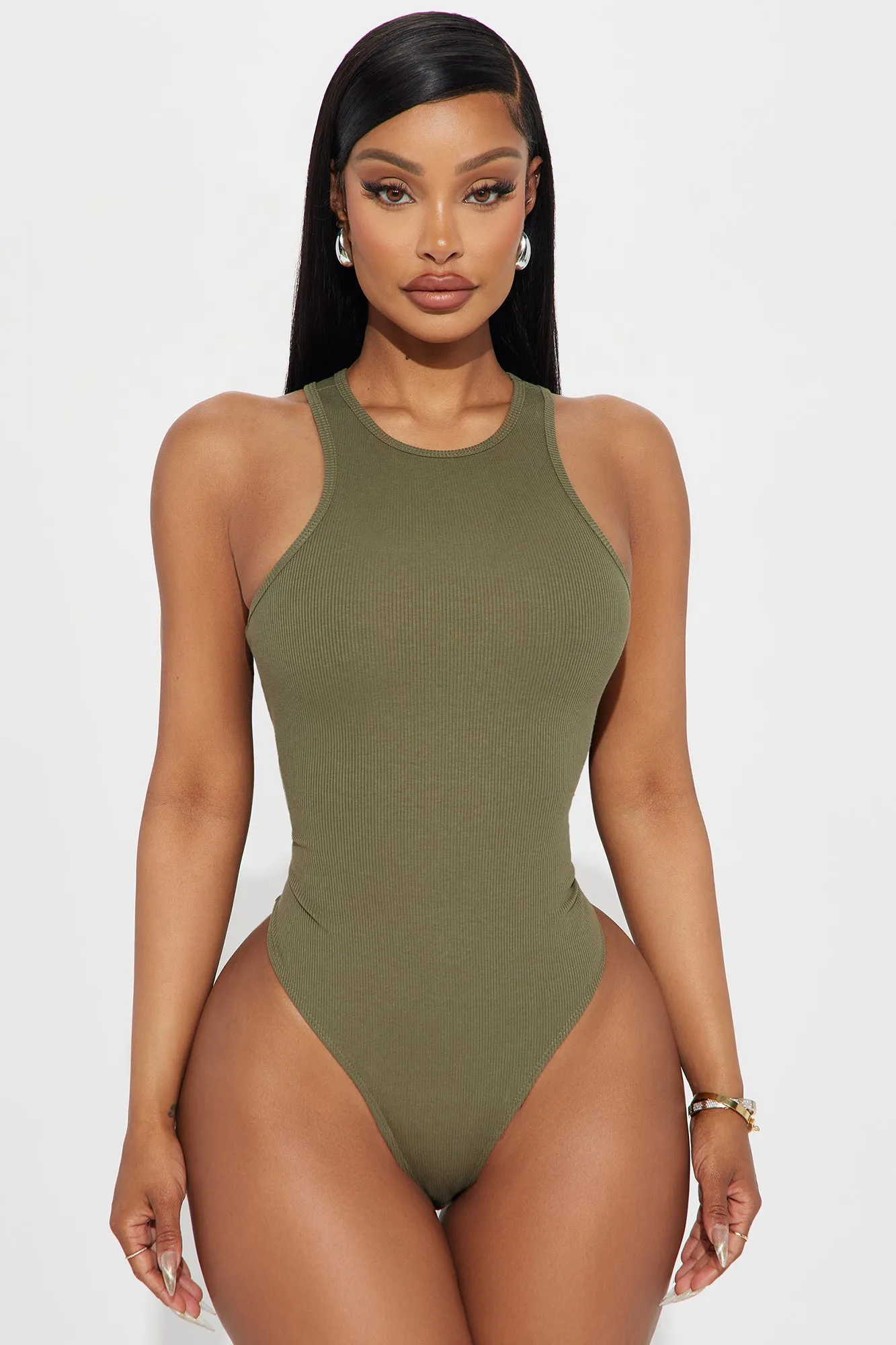 Model Attitude Racerback Bodysuit - Olive sold by Fashion Nova
