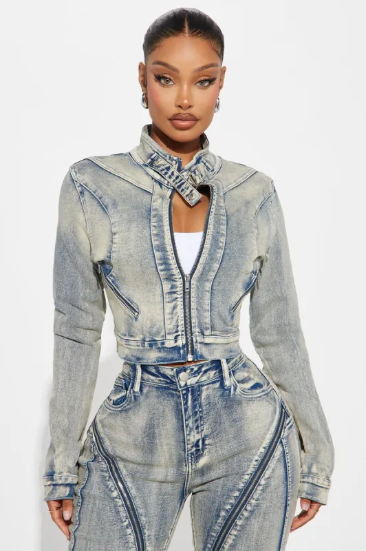 Locking In Stretch Moto Denim Jacket - Vintage Wash sold by Fashion Nova