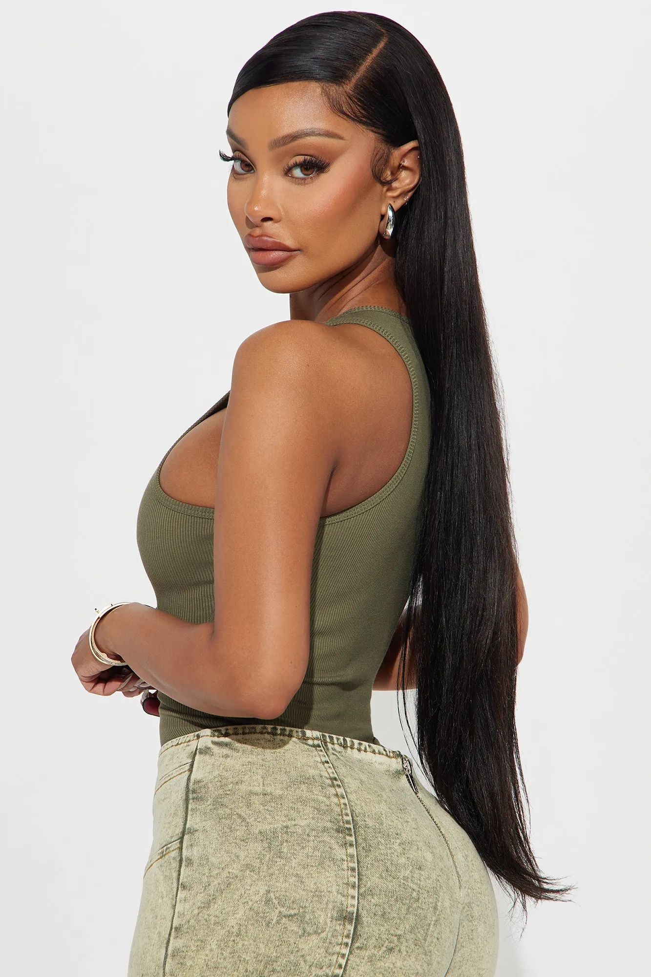 Model Attitude Racerback Bodysuit - Olive sold by Fashion Nova product image thumbnail 4