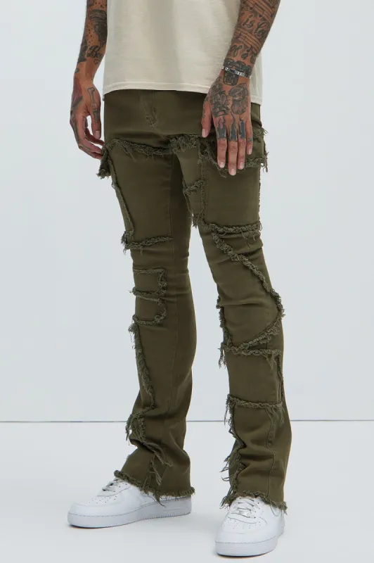 Trapping Frayed Stacked Skinny Flare Pants - Olive sold by Fashion Nova