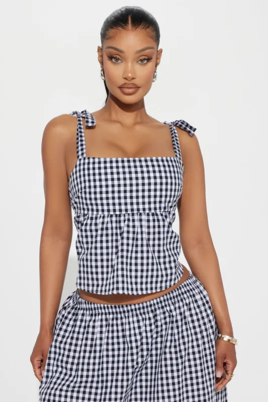 Matilda Gingham Peplum Top - Black/White sold by Fashion Nova