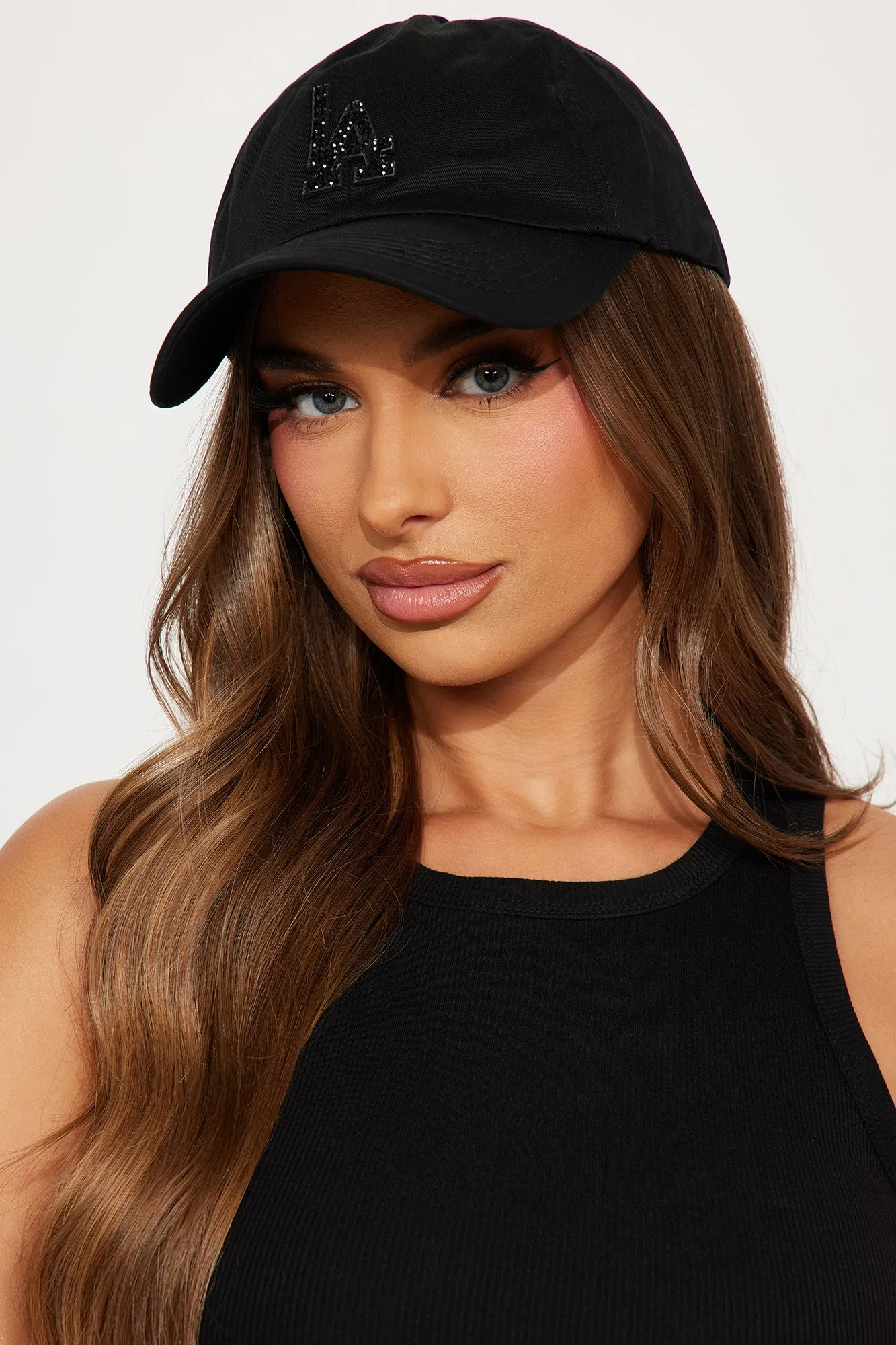 LA Rhinestone Baseball Hat - Black/Black sold by Fashion Nova