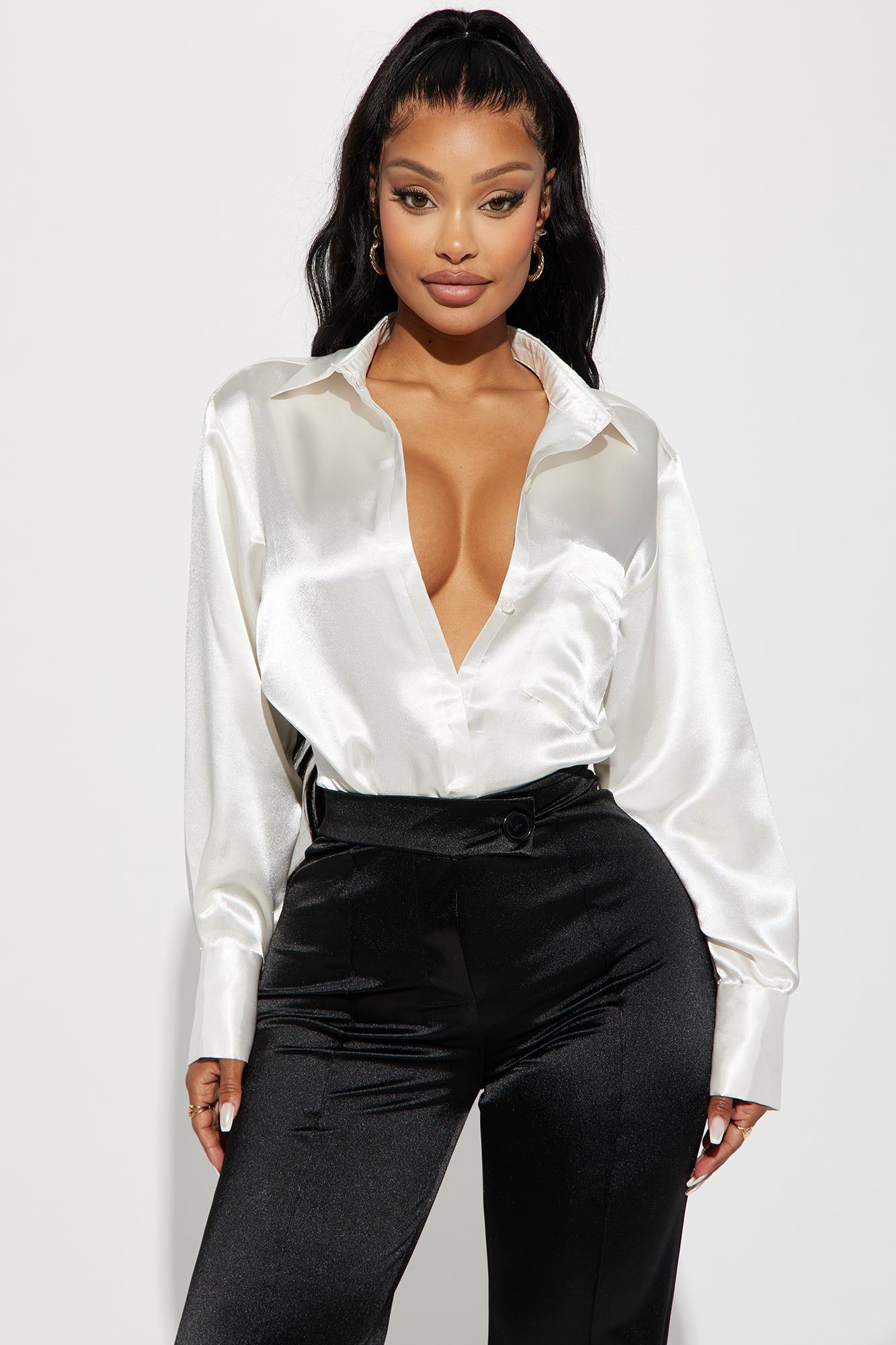 Sedona Satin Shirt - Off White sold by Fashion Nova