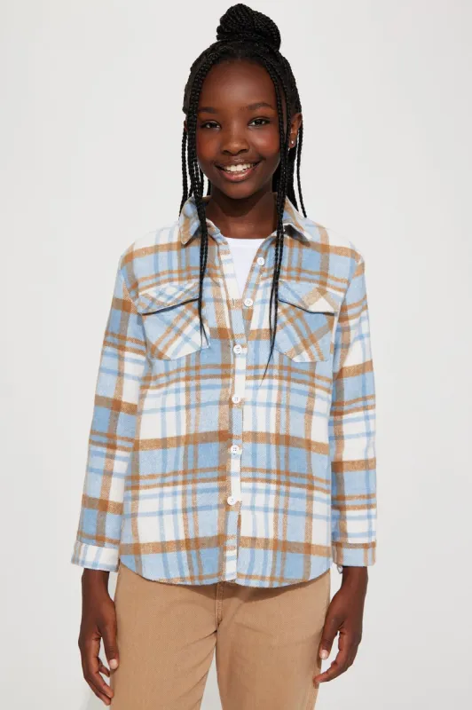 Mini Plaid About It Flannel Shacket - Blue sold by Fashion Nova