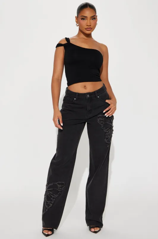 Jenine Butterfly Straight Leg Jeans - Black Wash sold by Fashion Nova