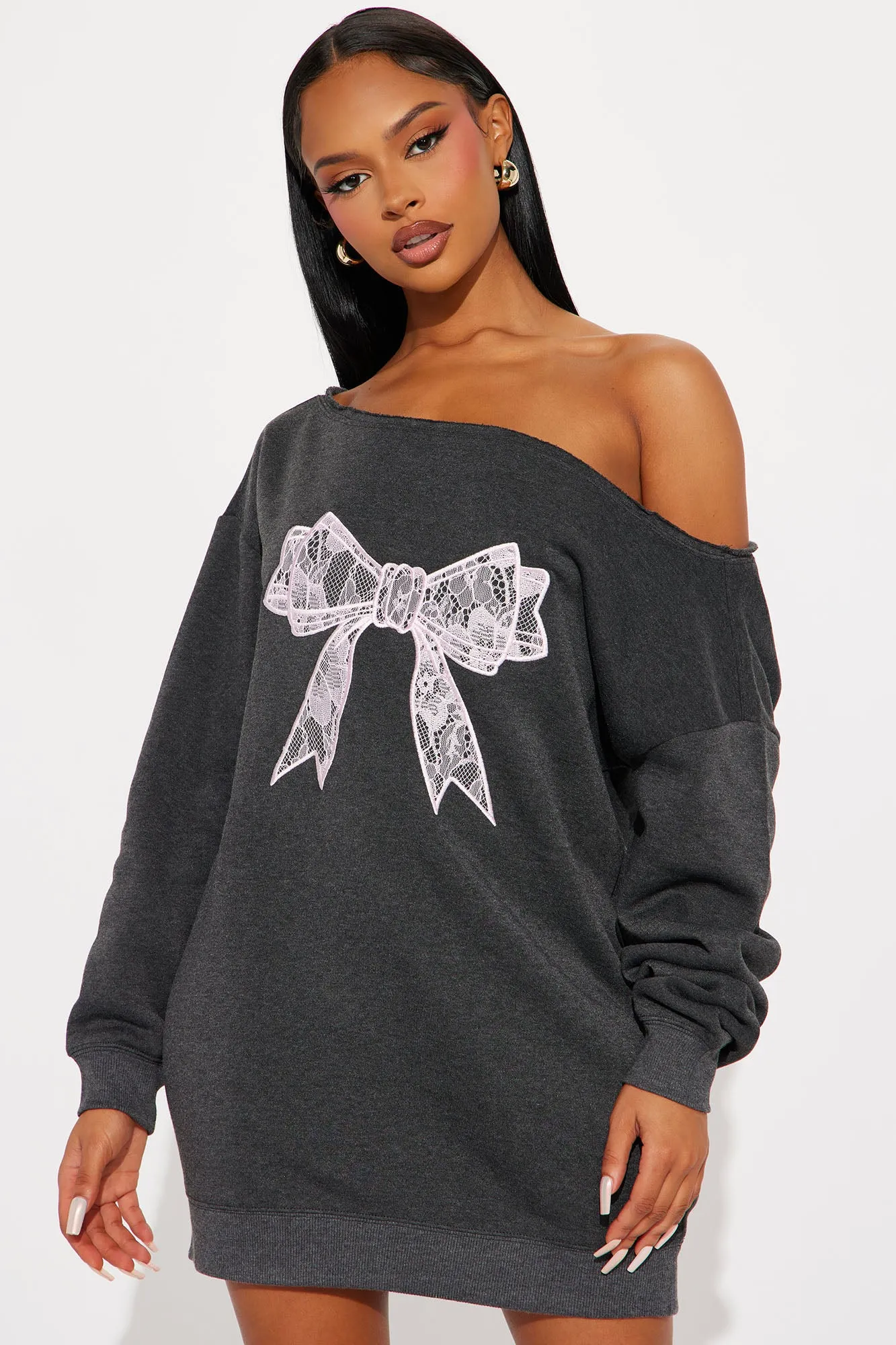 Lilou Sweater Mini Dress - Charcoal/combo sold by Fashion Nova