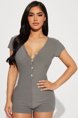 She Thick Thick PJ Romper Onesie - Grey sold by Fashion Nova