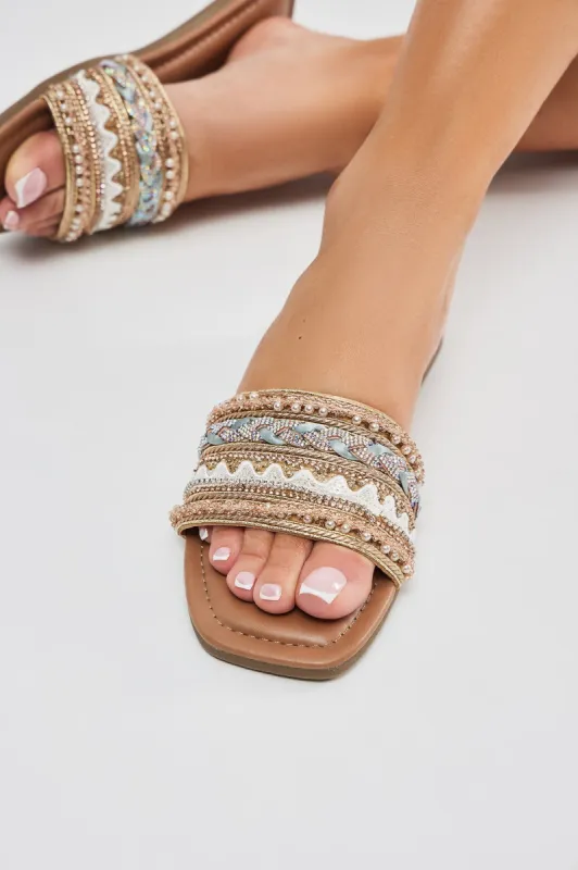 Coast To Coast Flat Sandals - Gold sold by Fashion Nova
