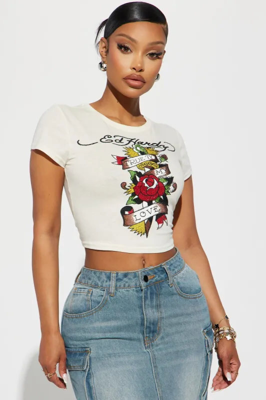 Love Dagger Ed Hardy Rhinestone Tee - Ivory sold by Fashion Nova