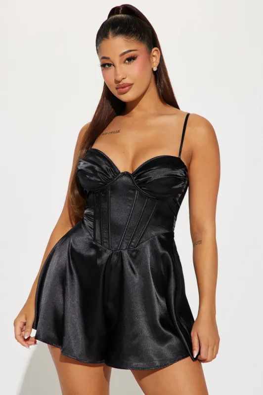 Kimmi Satin Romper - Black sold by Fashion Nova