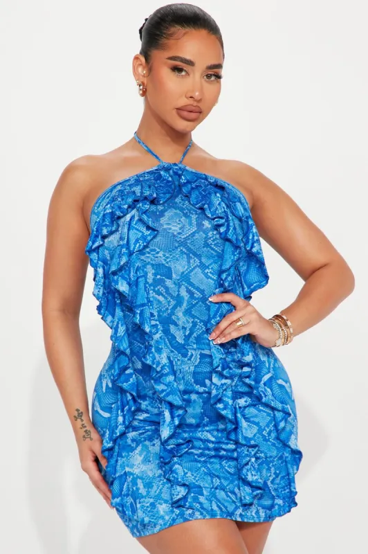 Liz Ruffle Mini Dress - Blue/combo sold by Fashion Nova