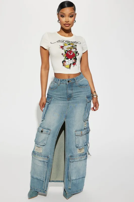 Out Of Town Cargo Denim Maxi Skirt - Medium Wash sold by Fashion Nova