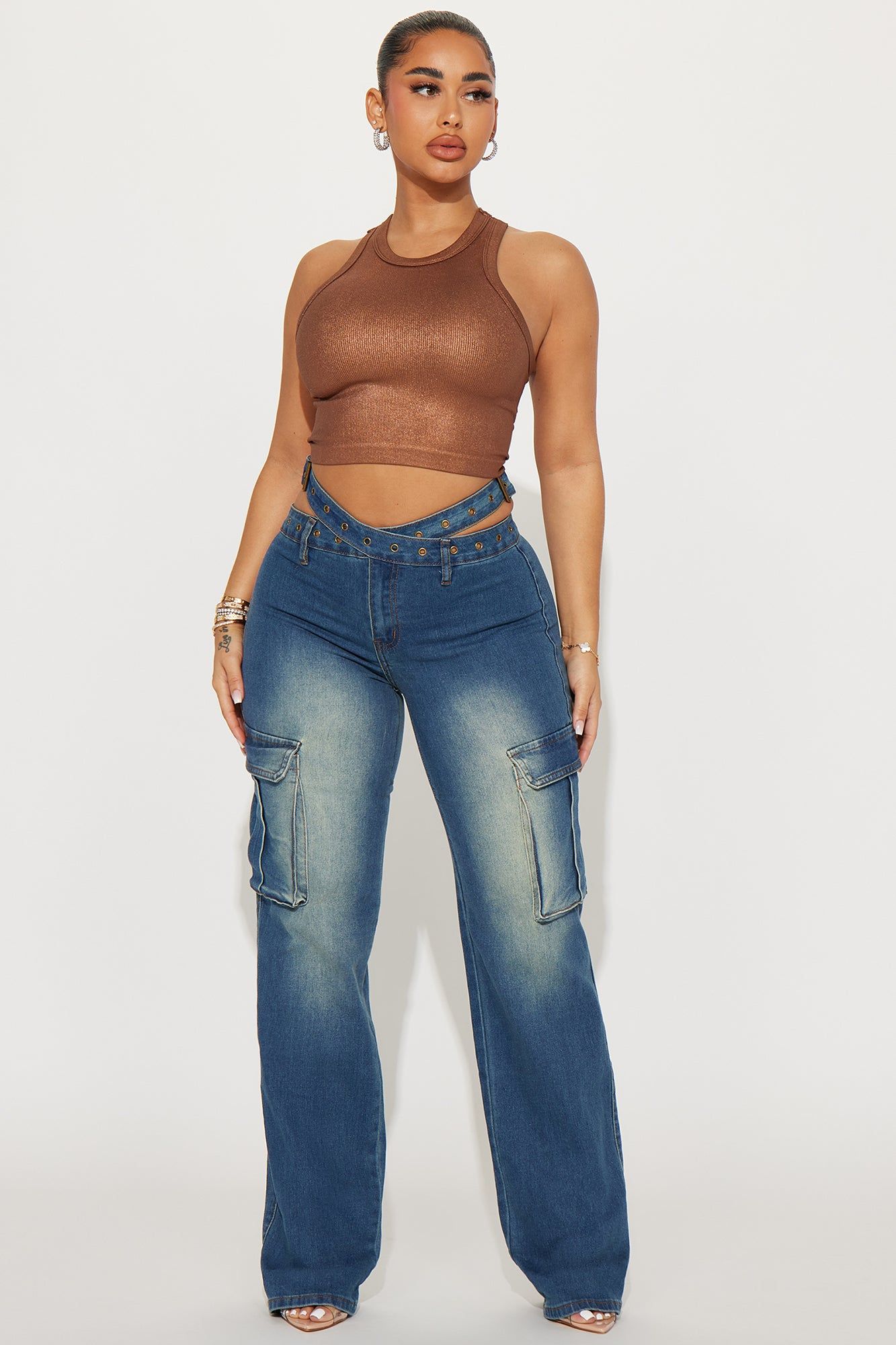 Burning Desire Belted Cargo Jean - Medium Wash sold by Fashion Nova