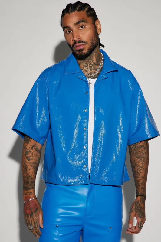 Da Baddie Faux Leather Cropped Button Up Shirt - Blue sold by Fashion Nova