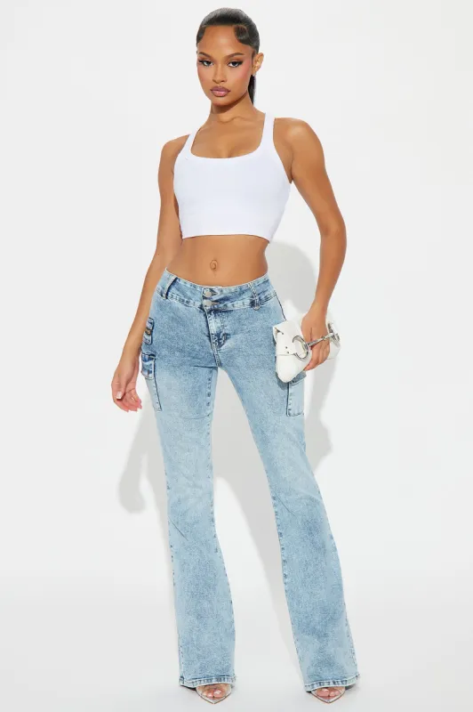 Don't Mind At All Stretch Moto Cargo Flare Jeans - Medium Wash sold by Fashion Nova