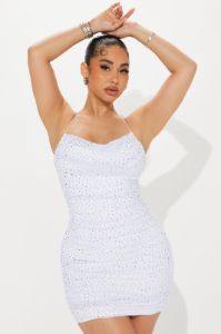 On Cloud Nine Rhinestone Mesh Mini Dress - White sold by Fashion Nova