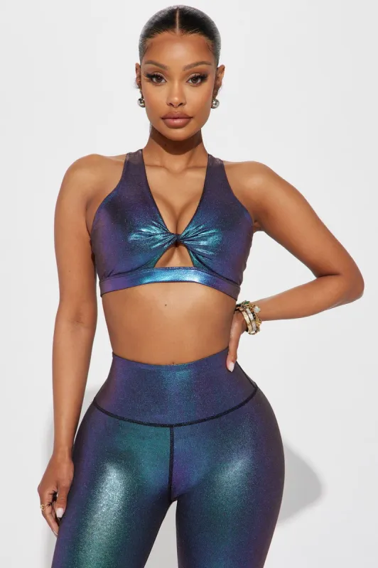 Zen Shimmery Twist Front Sports Bra - Purple/combo sold by Fashion Nova