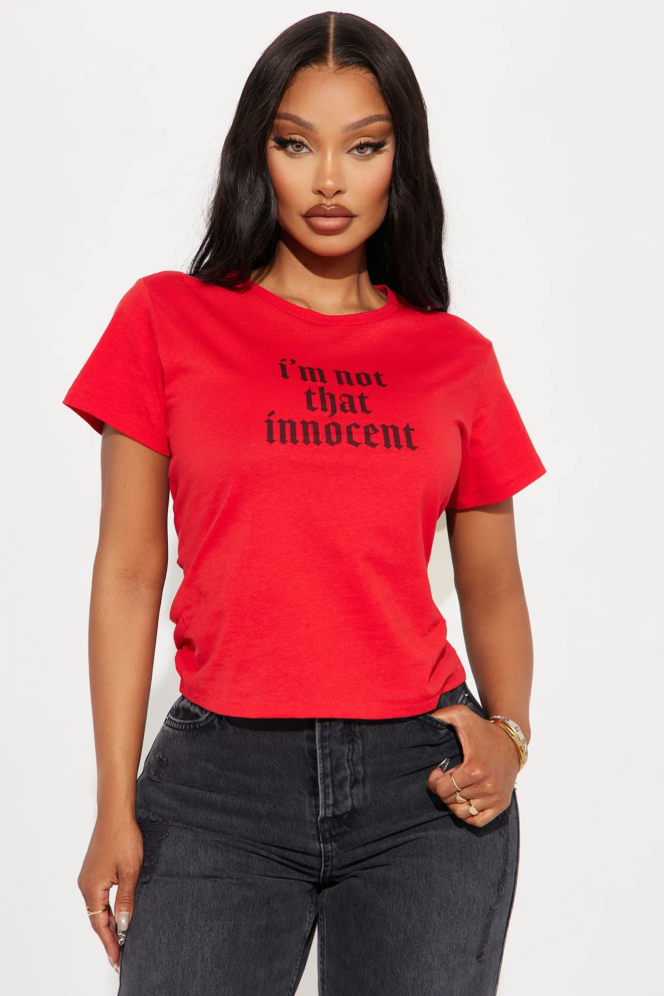 Not That Innocent Tee - Red sold by Fashion Nova
