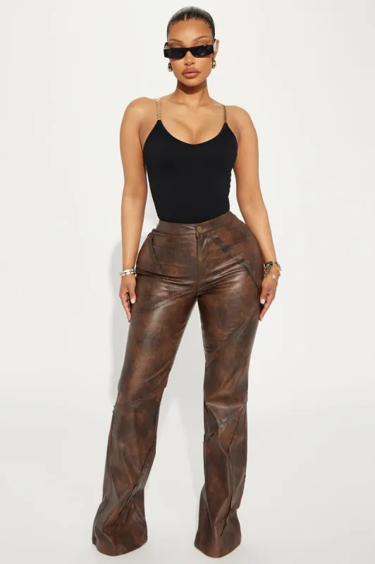 Gemmi Distressed Faux Leather Flare Pant - Chocolate sold by Fashion Nova