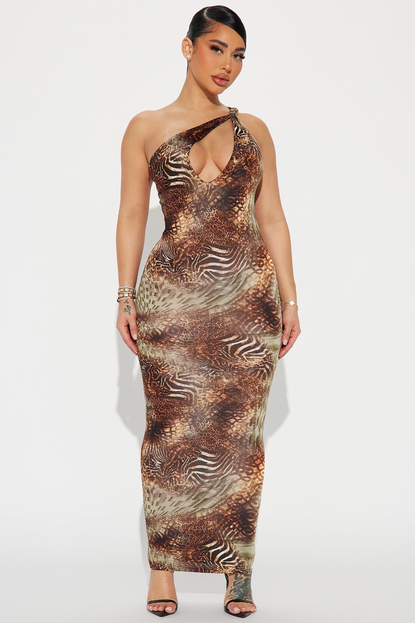 Raven Cut Out Maxi Dress - Olive/combo sold by Fashion Nova