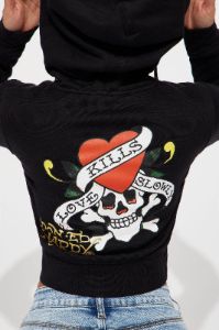 Love Kills Ed Hardy Zip Front Hoodie - Black sold by Fashion Nova