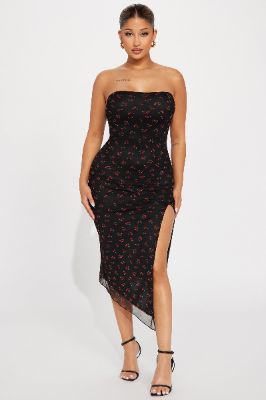 Amelia Cherry Print Mesh Midi Dress - Black/Red sold by Fashion Nova