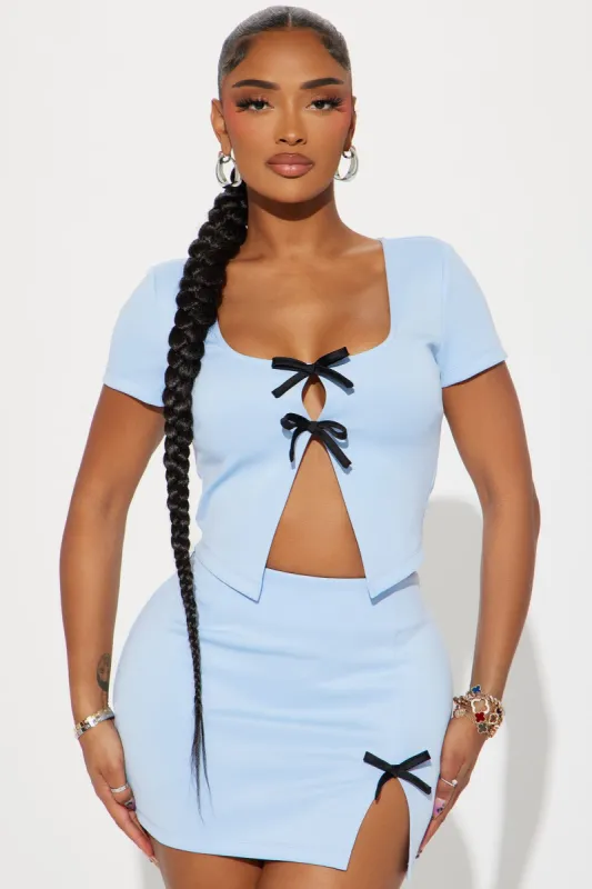 In My Bow Moment Short Sleeve Skirt Set - Light Blue sold by Fashion Nova