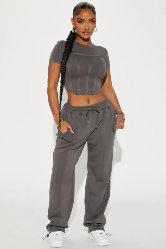 Weekend Moments Short Sleeve Pant Set - Charcoal sold by Fashion Nova