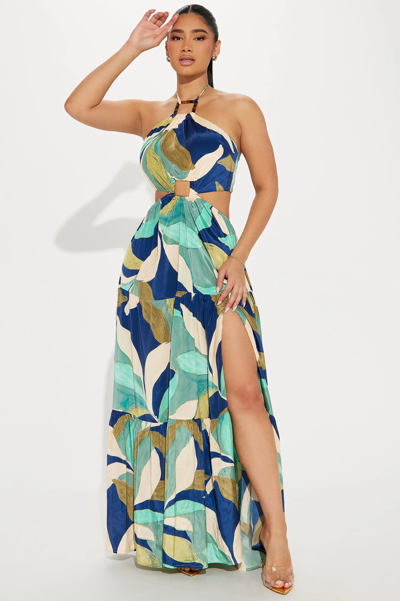 Beach Talking Satin Maxi Dress - Blue/combo sold by Fashion Nova