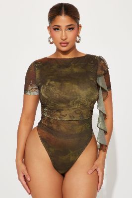 New Love Mesh Bodysuit - Olive/combo sold by Fashion Nova