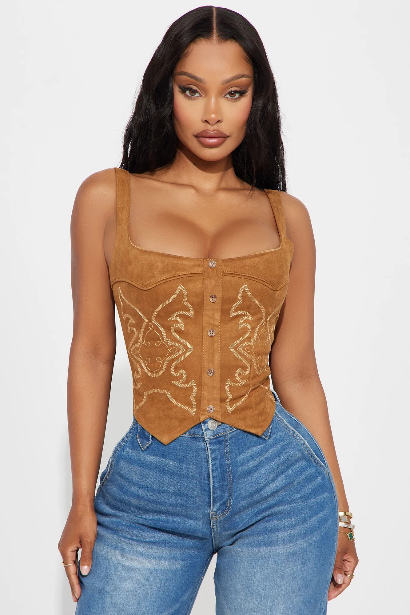 Dakota Embroidered Faux Suede Corset Top - Camel sold by Fashion Nova