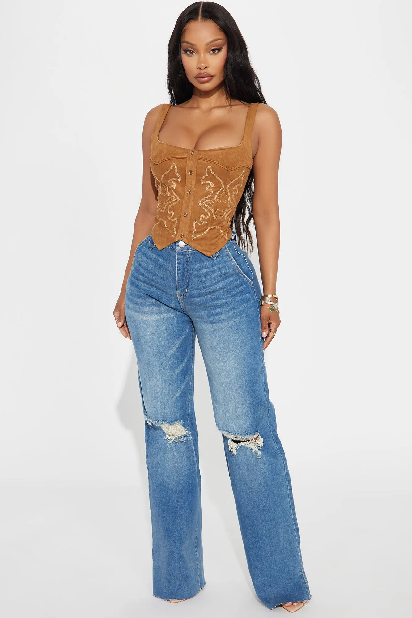 Dakota Embroidered Faux Suede Corset Top - Camel sold by Fashion Nova product image thumbnail 2