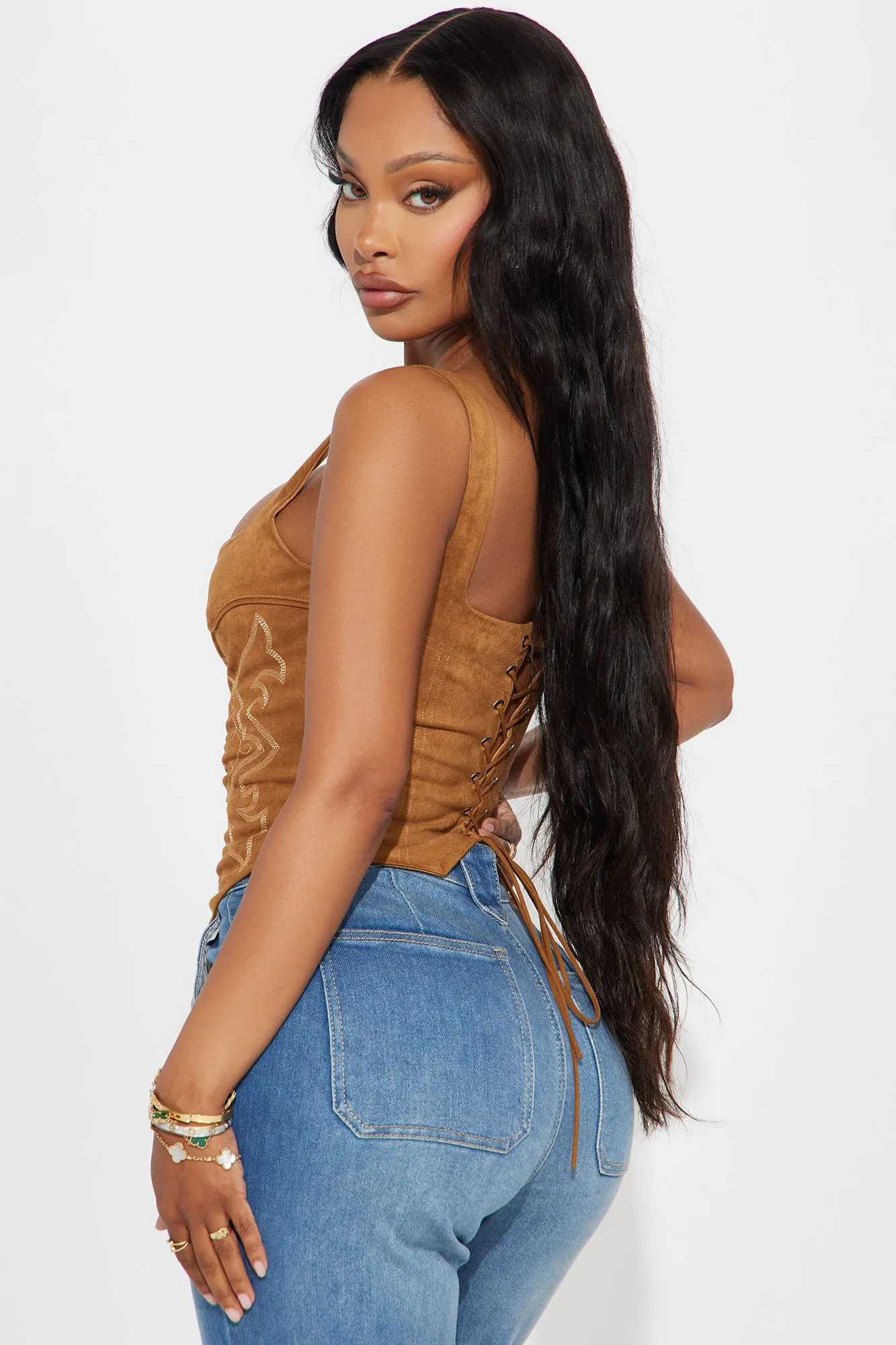 Dakota Embroidered Faux Suede Corset Top - Camel sold by Fashion Nova product image thumbnail 3