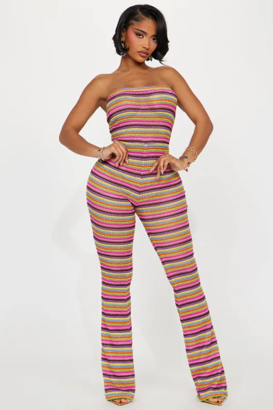 Side By Side Crochet Jumpsuit - Pink/combo sold by Fashion Nova