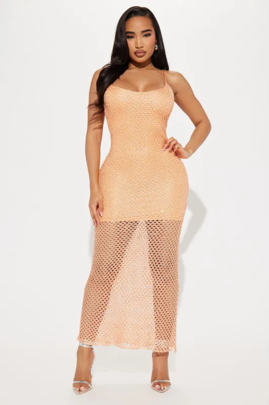 Vanessa Sequin Crochet Maxi Dress - Salmon sold by Fashion Nova